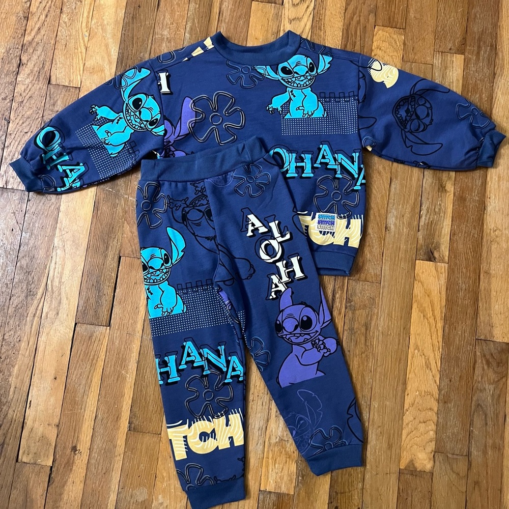 Disney Lilo & Stitch 2 Piece Fleece Joggers Set Outfit Blue Size 4 NEW